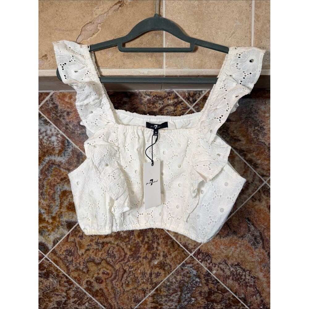 NWT 7 For All Mankind White Eyelet Feminine Ruffle Square Crop Top Size Medium